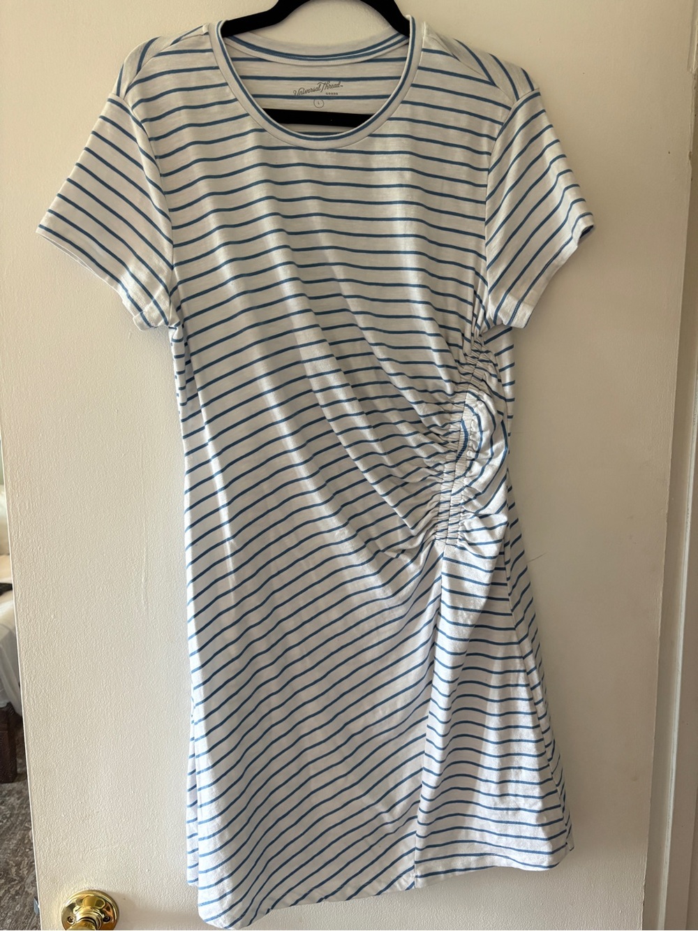 Universal Thread White & Blue Striped Side-Ruched Mini Dress